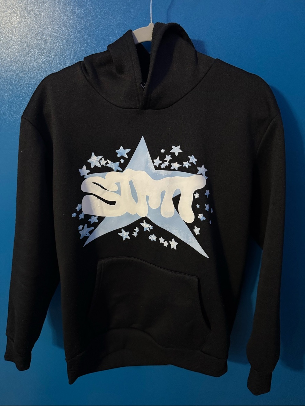 Black Hoodie Jacket with Light Blue Star Graphic